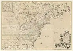 Illustration d'une carte du 18e siècle qui montre la position du Québec, de l'est du Canada et des États-Unis.
