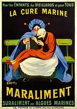 La consommation alimentaire d’algues en Europe, bien que marginale y est cependant ancienne : affiche lithographique de Leonetto Cappiello vers 1920, célébrant le « potage » Maraliment, un « suraliment aux algues marines » commercialisé à l'époque, supposé avoir des vertus curatives « pour les enfants, les vieillards et pour tous ».