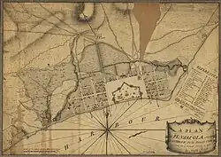 Carte anglaise de 1778 présentant la ville de Pensacola avec son port et ses fortifications.