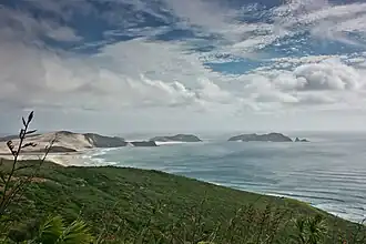 Succession de tombolos du cap Reinga, péninsule d'Aupouri, Nouvelle-Zélande