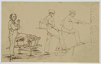 Bonhommé, Abainville - Décrasseurs, 1837 : à gauche, un ouvrier au repos, un pied sur une brouette, que l'on retrouve dans la partie gauche, au premier plan du tableau.