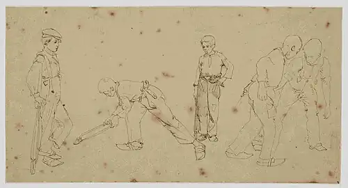 Bonhommé, Abainville - Goujards, 1837 : jeunes aides ouvriers que l'on voit au premier plan de la partie centrale du tableau, pour le premier jeune debout et le groupe le plus à droite apparaît inversé.