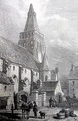 Dessin en noir et blanc d'un bâtiment avec un clocher à l'arrière-plan ; personnages et charrettes au premier plan.