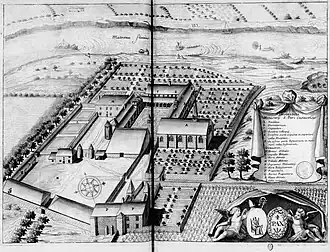 Planche gravée du 17e siècle représentant l'abbaye Saint-Pierre de Chézy, dans le livre Monasticon Gallicanum.