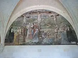 La Crucifixion. À gauche, Louise de Bourbon, à droite, Renée de Bourbon.