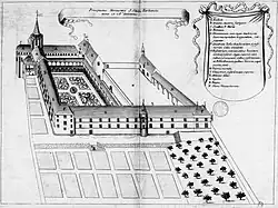 L’abbaye au XVIIe&nbsp;siècle, planche gravée du Monasticon Gallicanum.