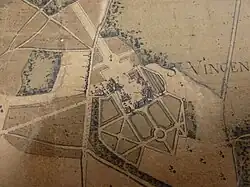 L'abbaye de Saint-Vincent-aux-Bois en vue cavalière. Détail du plan de la forêt de Châteauneuf en Thymerais (Archives départementales d'Eure-et-Loir)