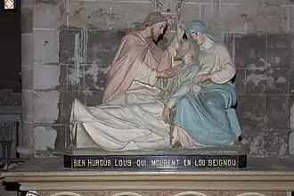 Déploration du Christ (XIXe&nbsp;siècle). Inscription en occitan : « Bienheureux ceux qui meurent dans le Seigneur ».