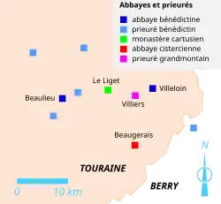 Carte en couleurs montrant par un jeu de points de couleurs l'emplacement d'abbayes.