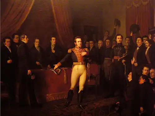 Manuel Antonio Caro (Chili) Abdicación de O´higgins (« L'abdication de Bernardo O'Higgins », 1875, Musée historique national&nbsp;(es)).