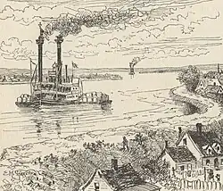 Large fleuve, berges consolidées, steamer longeant rive gauche, quelques maisons en contrebas
