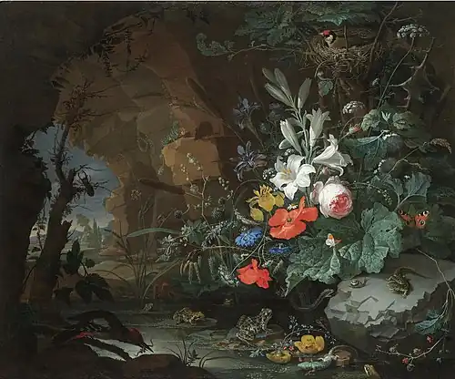 Intérieur d'une grotte avec une mare rocheuse, des grenouilles, des salamandres et un nid d'oiseau1660-70Collection privée
