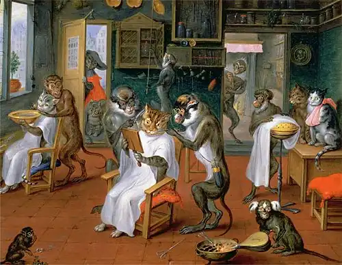 Barbier avec singes et chats (entre 1633 et 1667, musée d'Histoire de l'art de Vienne)