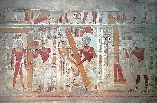 Rituel de l'érection du pilier Djed. Chapelle d'Osiris du Temple de Séthi Ier.