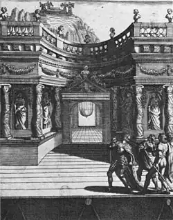 Scène de l'Acte V de Le Martyre de Sainte Catherine, pièce de théâtre de Jean Puget de la Serre jouée pour la première fois en 1643 à l'Hôtel de Bourgogne, 1643, estampe à l'eau-forte