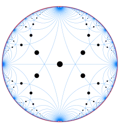 Cercles noirs à l'intersection de lignes bleu pâle, remplissant un disque bordé de rouge