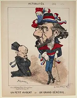 Caricature montrant un petit homme en tenue d'avocat et un autre plus grand avec une tenue tricolore.