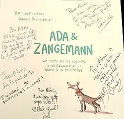 Dédicaces de la version française du livre Ada & Zangemann par des élèves traductrices et traducteurs du lycée Henri-IV de Paris.