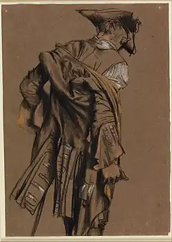 Modèle vu de dos, enfilant un uniforme du XVIIIe&nbsp;siècle, Université Stanford, Iris & B. Gerald Cantor Center for Visual Arts.