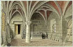 Dessin qui montre le vestibule du palais ducal, situé derrière la porterie qui donne sur la Grande Rue. Une très belle voûte faite d'arcs brisés s'appuie sur une colonne centrale. Les œuvres, des sculptures et reliefs en pierre, sont appuyés contre le mur de manière assez sommaire.