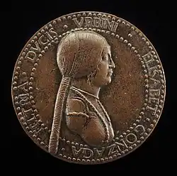 Médaille de bronze de 6 centimètres de diamètre, avec le portrait de profil (profil gauche) d'Elisabeth Gonzague, National Gallery of Art.