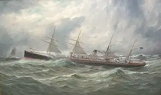 peinture de l'Adriatic voguant, voiles au vent, dans la tempête