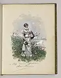 Autographe, peinture par Adrien Moreau dans le Livre d'or de Stop, entre mai 1882 et avril 1884, représentant une femme mondaine.
