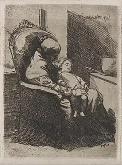 Femme assise de profil dans un fauteuil tenant un enfant sur ses genoux, 1876 (Eau-forte ; Inv. Delchevalerie no&nbsp;49 ; 24,4&nbsp;×&nbsp;18,1&nbsp;cm), Minneapolis, Minneapolis Institute of Art