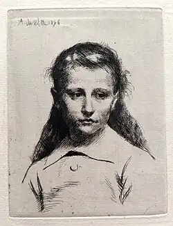 Adrien de Witte, Portrait de Mademoiselle Martine Zeyen, 1876 (eau-forte ; 11,4&nbsp;×&nbsp;8,7&nbsp;cm), collection privée.