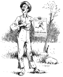 Gravure noir et blanc. Un moustachu montre fièrement une affichette sur laquelle est dessiné un Noir qui court, baluchon sur d'épaule, et promettant 200 dollars de récompense.