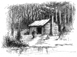 Cabane de rondins dans un bois. Une porte. Une cheminée sur le côté. Devant, un homme debout et un enfant assis.