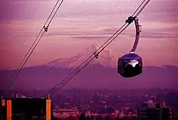 Vue d'une cabine avec le mont Hood à l'arrière-plan.