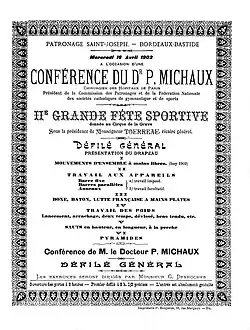 Affiche noir et blanc de la conférence du Dr P. Michaux à l'occasion de la 2e grande fête sportive donnée au cirque de la Grave.