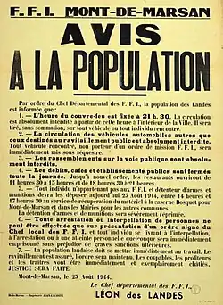 Avis à la population du 25 août 1944 signé Léon des Landes, chef départemental des FFI, imposant notamment un couvre-feu et annonçant les mesures d'épuration à venir.
