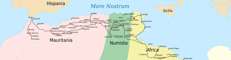 Maurétanie-Numidie-Afrique, villes et routes, vers 150