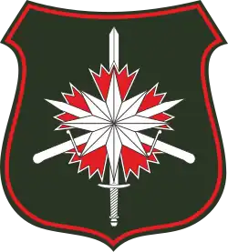 Dessin vectoriel d'un insigne montrant une étoile barrée d'une épée verticale pointe vers le haut et de deux dagues croisées en diagonale, sur fond kaki.