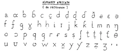 Alphabet africain de référence avec des caractères manuscrits.