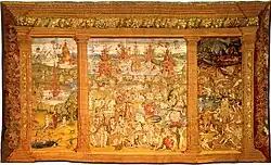 Une tapisserie dans les tons jaunâtres du triptyque entier