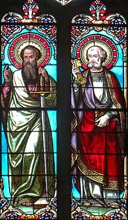 Vitrail de saint Paul et saint Pierre avec signature du maître-verrier Joseph Villiet.