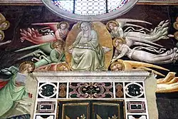 La Vierge Marie remettant sa ceinture à l'apôtre Thomas lors de son Assomption, fresque d'Agnolo Gaddi, chapelle de la Sainte Ceinture.