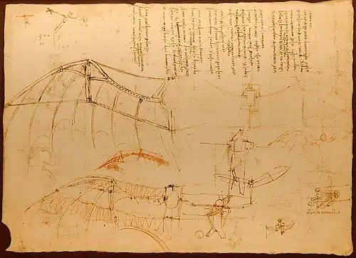 Conception d'une machine volante à ailes battantes par Léonard de Vinci.