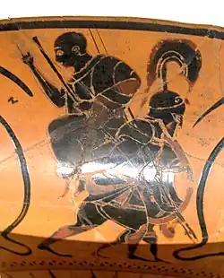 Détail d’une coupe à yeux signée de Nicosthénès : Énée et Anchise.