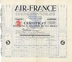 Certificat d'actions d'Air France S.A. de 20 actions de 500 francs chacune, émis à Paris le 2 août 1937, avec la signature de son fondateur Ernest Roume en tant que président