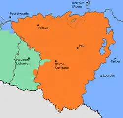 Carte en couleurs avec plusieurs zones colorées et des noms de communes.