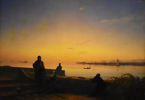 Peinture d'un coucher de soleil sur la lagune : le ciel et l'eau sont jaune orangé. En contre-jour, au premier plan, se découpent les silhouettes de trois moines.