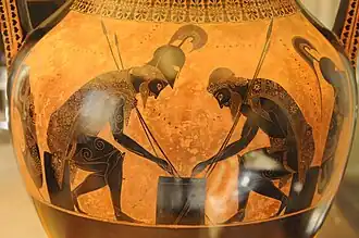 Achille et Ajax jouant, vase à figures noires d'Exékias, v. 540–530, musées du Vatican.