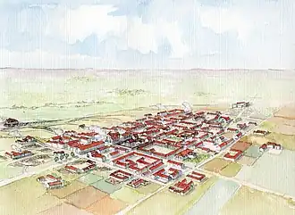  Aquarelle en couleurs représentant une ville vue du ciel.