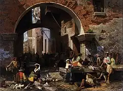 Marché aux poissons sous l'arche du portique d'Octavie, Albert Bierstadt, 1858