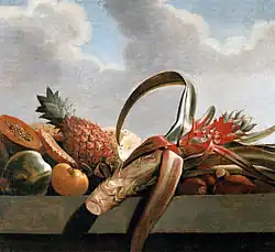 Nature morte avec ananas, papaye et autres fruits.