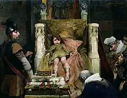 Albert Maignan, L'Hommage à Clovis&nbsp;II (1883). Un petit prince sur un trône trop grand pour lui, entouré de personnages malfaisants.
